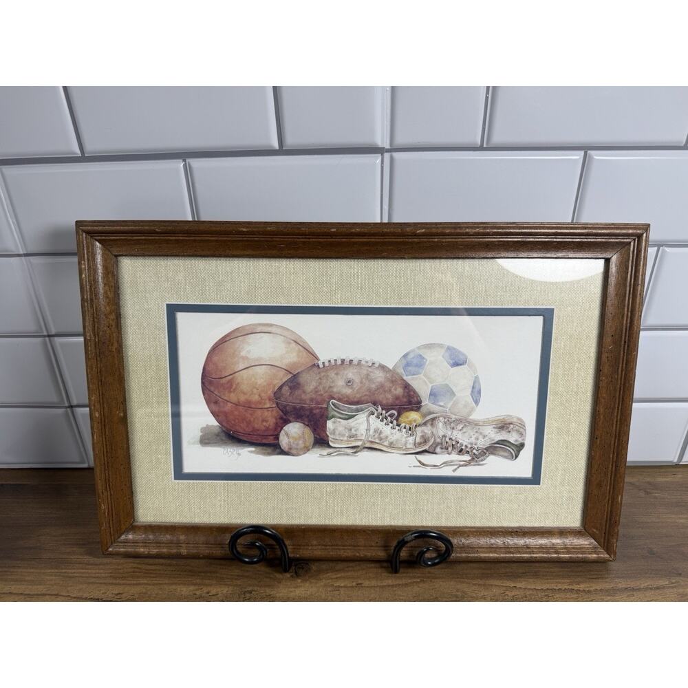 Vintage Kids Home Interiors Casey Framed Sports Equipment Art Print